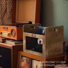 跨境桌面复古黑胶唱片收纳筐铁木结合大容量CD海报杂志置物篮