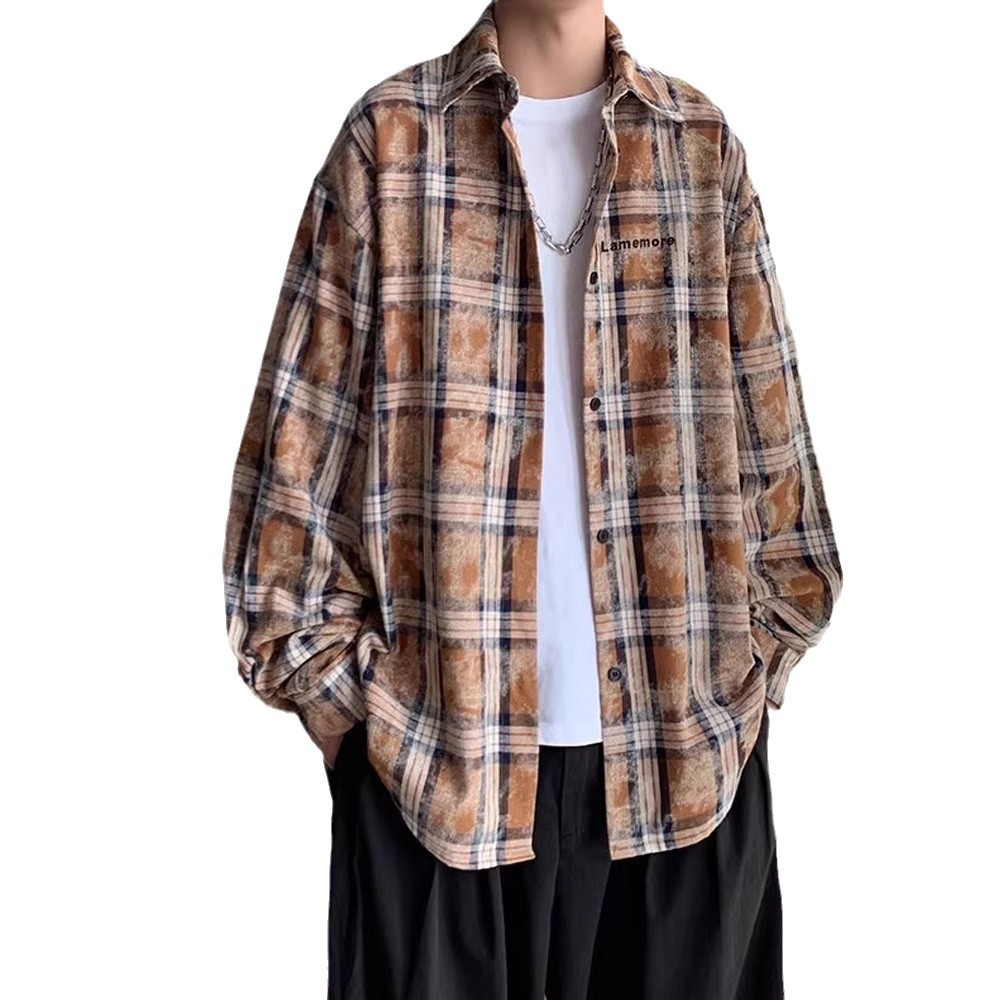 Pink Plaid Niche Long-Sleeved Shirt Men's Autumn Tie-Dye Embroidered Trendy Brand Shirt American Style High Street College Style Jacket