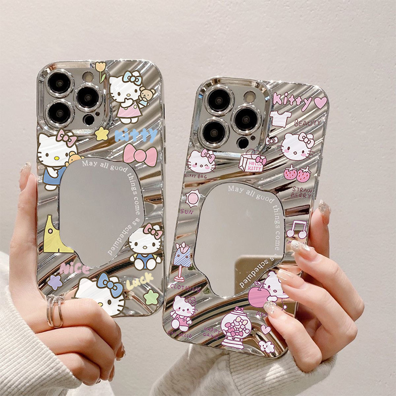 ウェーブミラー かわいい KT 猫 Apple 15promax 携帯電話ケース iPhone1121314 女性 8plusxrxs|undefined