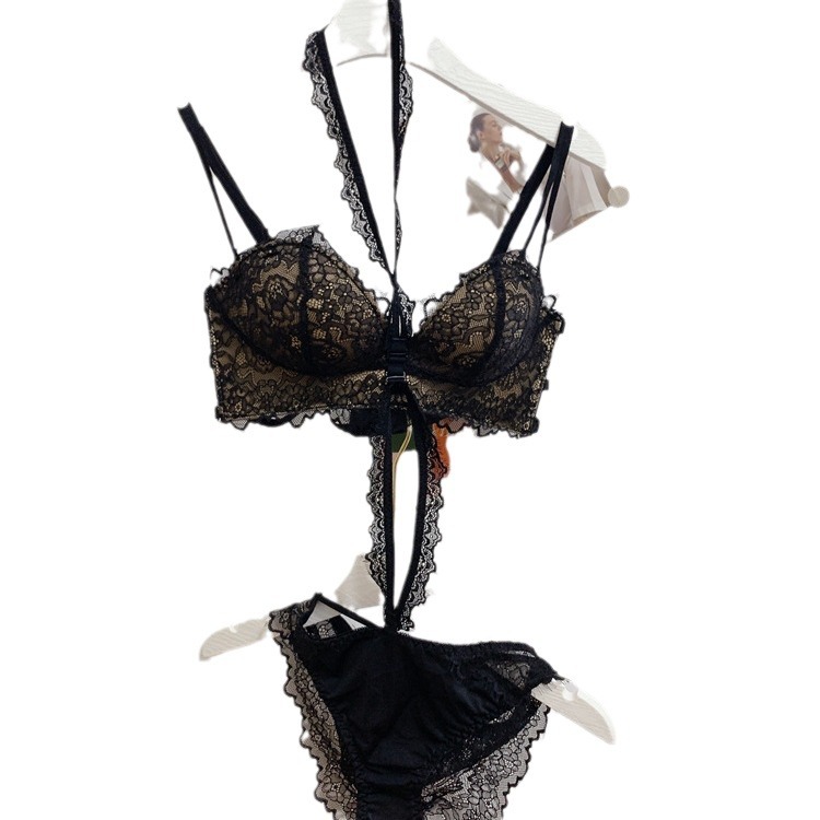 2023 neue Pure Desire Spitze Sexy Hängenden Hals Einteiliges Design Bequeme und Atmungsaktive Sammeln Zurück Bh Set_voghion.com