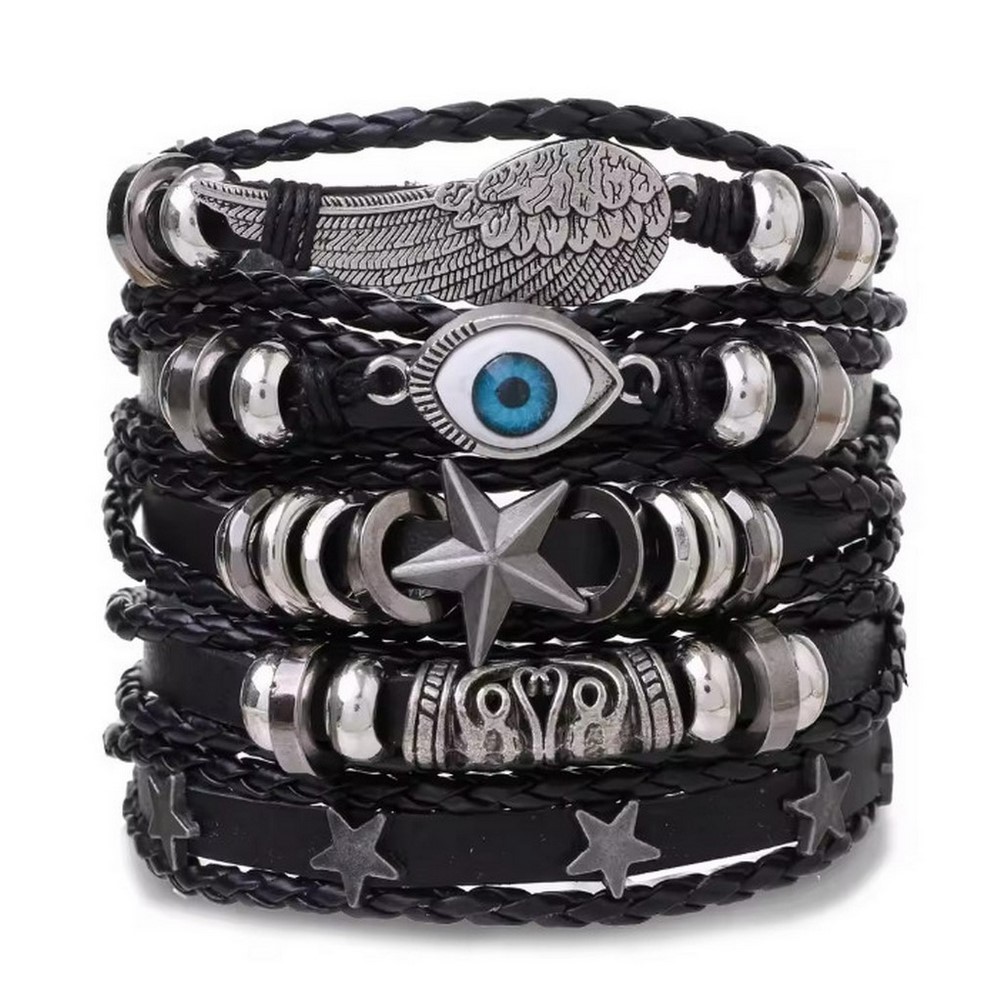 Cross-border Men's DIY Bracelet Weaving Kit, Leather Bracelet, Popular Skull And Star Beaded Punk Style Set_voghion.com