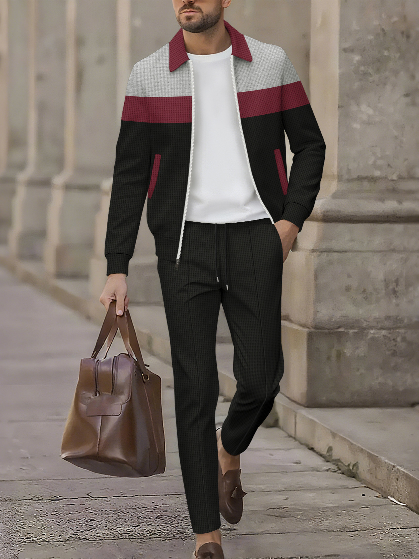 Casual herrset med waffle knit jacka och byxor_voghion.com
