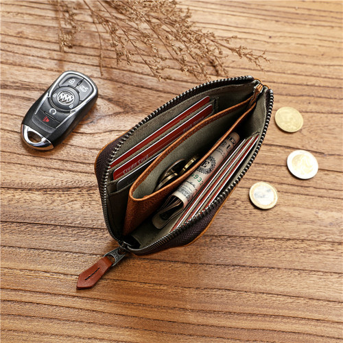 Men's vegetable tanned genuine leather wallet short zipper driver's license card holder first layer cowhide simple wallet multi-card slot wallet