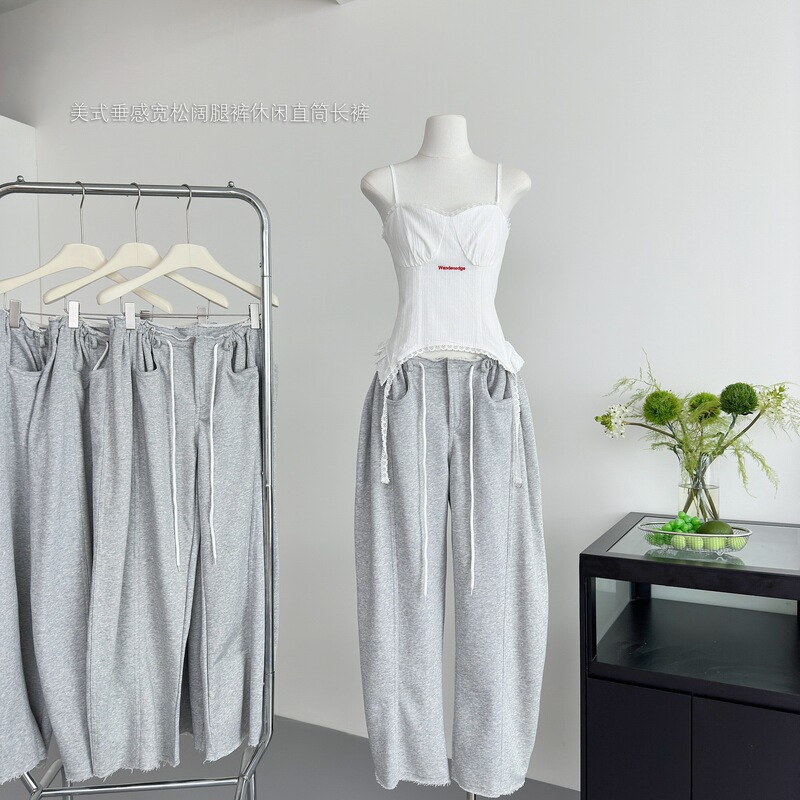 Trendy Gray Drawstring Sweatpants with American-Style Drape, Loose Wide-Leg Pants, Casual Straight-Leg Pants, New Summer 2026 Collection