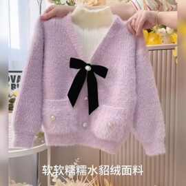 北疆狼女童针织绒毛毛衣冬季加厚新款洋气儿童水貂假两件高领打底