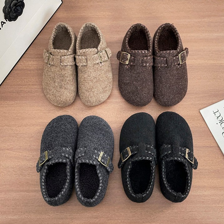 羊毛版~复古包头半拖鞋女外穿毛毛鞋一脚蹬厚底灰色毛毡勃肯鞋女