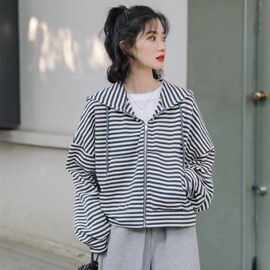 2024夏季新款韩版宽松显瘦条纹长袖薄款连帽卫衣女运动开衫外套女