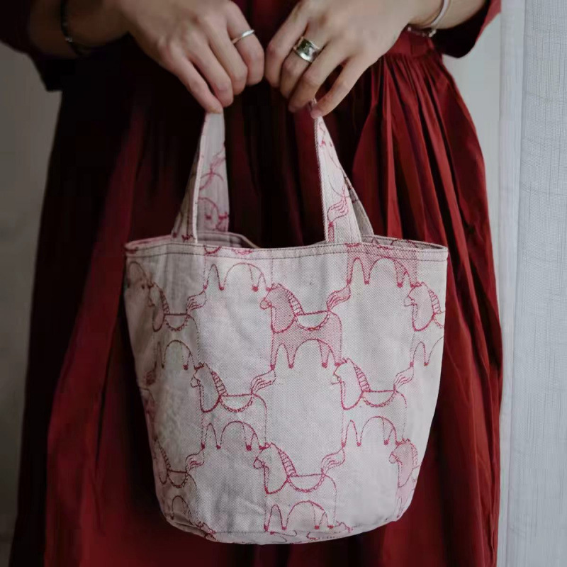 2026 Spring Year of the Horse New Year Celebration Red Polka Dot Tweed Handheld Bucket Bag Handheld Vegetable Basket Bag