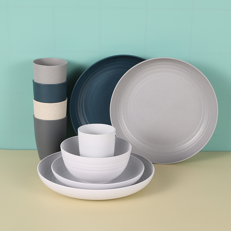 Amazon Cross-border Black and Gray Wheat Straw Soup Bowl Plate Cup Set for Home Students Outdoor Tableware 16 Piece Kit