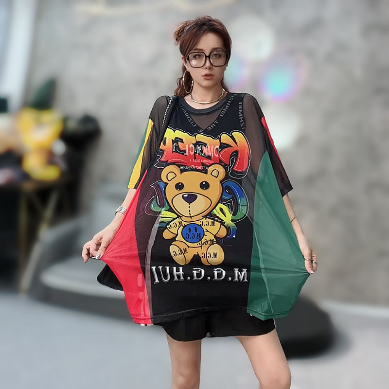 Summer Mesh Short-sleeved T-shirt Women's New Loose Mid-length European Fashion Brand Color Bear Cartoon Round Neck T-shirt