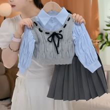 女童春秋新款学院风套装2024女宝宝洋气针织马甲衬衫百褶裙三件套