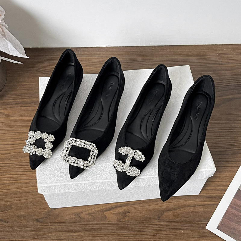 2026 New Style Black Rhinestone Sexy Stiletto Suede High Heels Pointed Toe Elegant French-Style Shallow Mouth Single Shoes for Women Flat