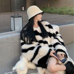 シマウマの紋様はミンクの毛vネックのセーターをまねています。