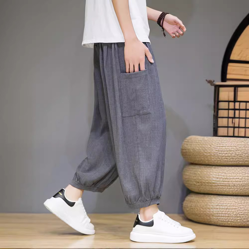 Wide Leg Pants Men's Summer Thin Cropped Casual Pants Loose Fat Large Size Ice Silk Draping Feet Lantern Harem Pants