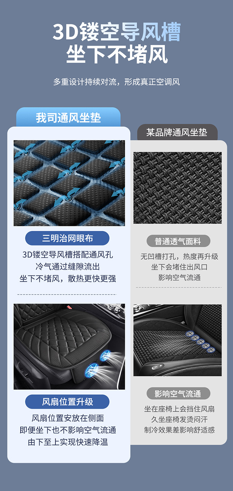 Car seat ventilation cushion for summer cooling, cooling fan, modified for small cars 12V, trucks 24V seat cushion