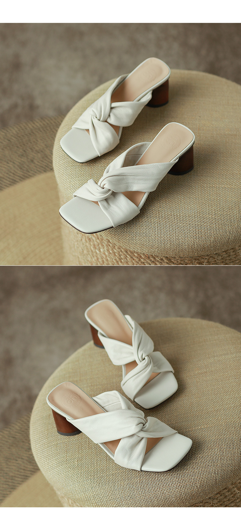 Sandal cao gót nữ hở mũi da cừu đế thô gót 7 cm — Màu đậu chi tiết 10