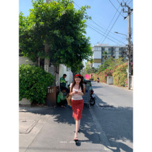 韩式复古红色小碎花半身裙夏季新款休闲碎花收腰包臀半裙