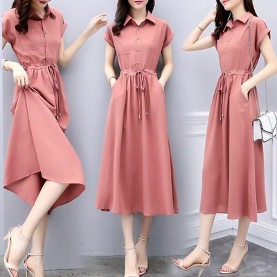 Women pink black Shirt dress women's long Chiffon Skirt  tops