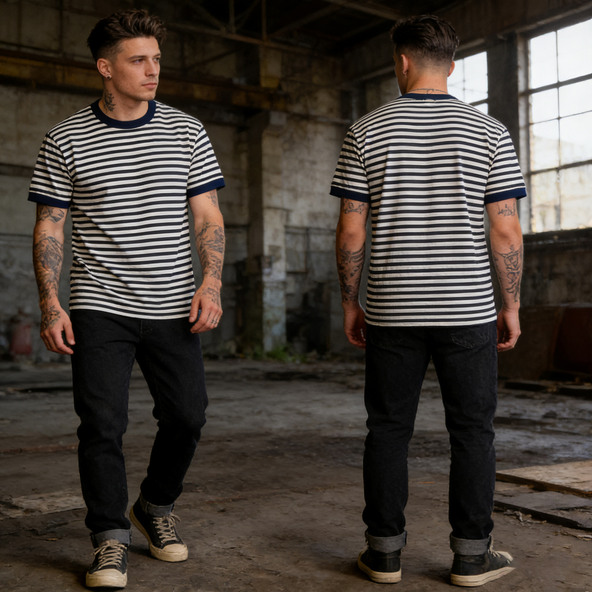 OKONKWO verano cuello redondo a rayas de manga corta Camiseta de los hombres ameikaji gruesa azul marino Sea Spirit camisa TEE