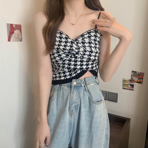 Vest women's spring and summer French style inner wear chic houndstooth small suspenders pure desire short sweet hot girl sleeveless top wear outside