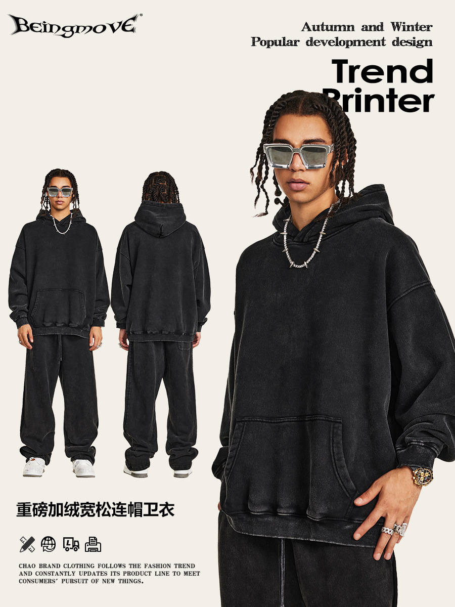 2025 Otoño e Invierno Marca de moda retro europea y americana terciopelo suelto engrosado cálido transfronterizo lavado deportes sudadera con capucha de moda para hombres