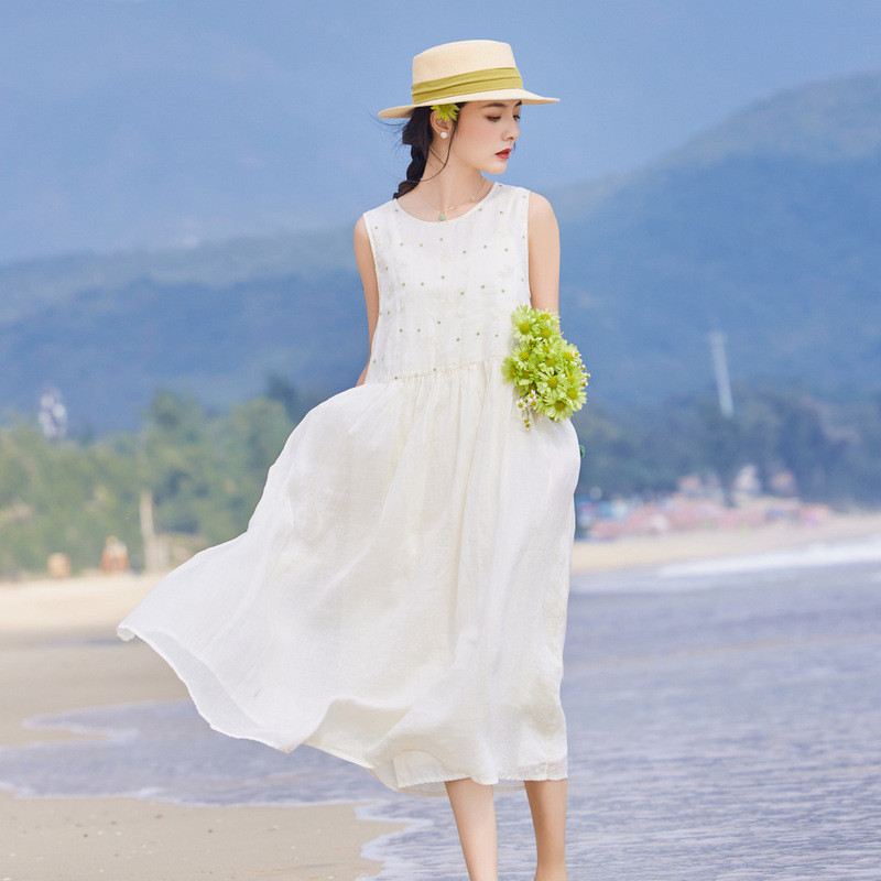 Summer 2025 New Style High-Branch Ramie Full-width Heavy Embroidered Waist Slimming Hem Solid Color Fairy Gown dress