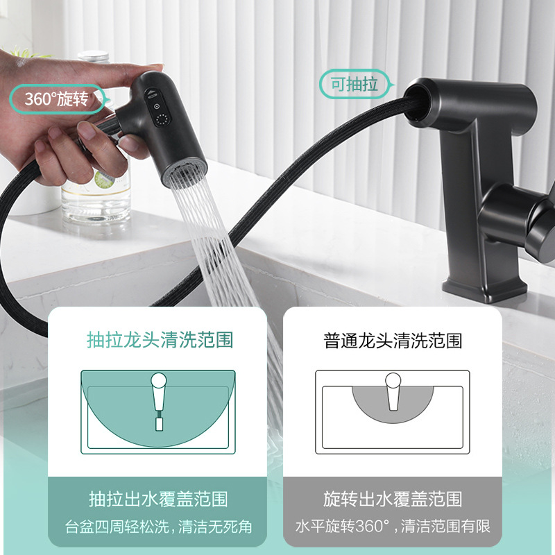 Baño uno por uno, pistola de trefilado de cobre, grifo de lavabo gris, lavabo bajo de lujo ligero, grifo de agua fría y caliente