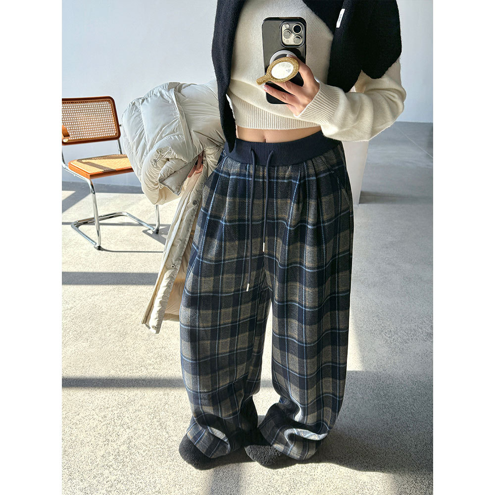 【王琪芝】加绒加厚格子阔腿裤女高腰宽松垂感慵懒风休闲裤WQ111