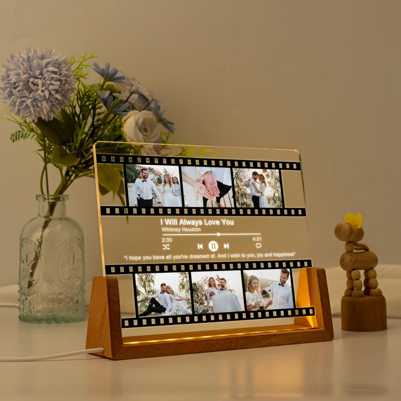 Wholesale Customized Wooden Photo Frame Base Creative Solid Wood Acrylic Ornaments 3D Night Light U-Shaped Photo Frame Lamp Holder