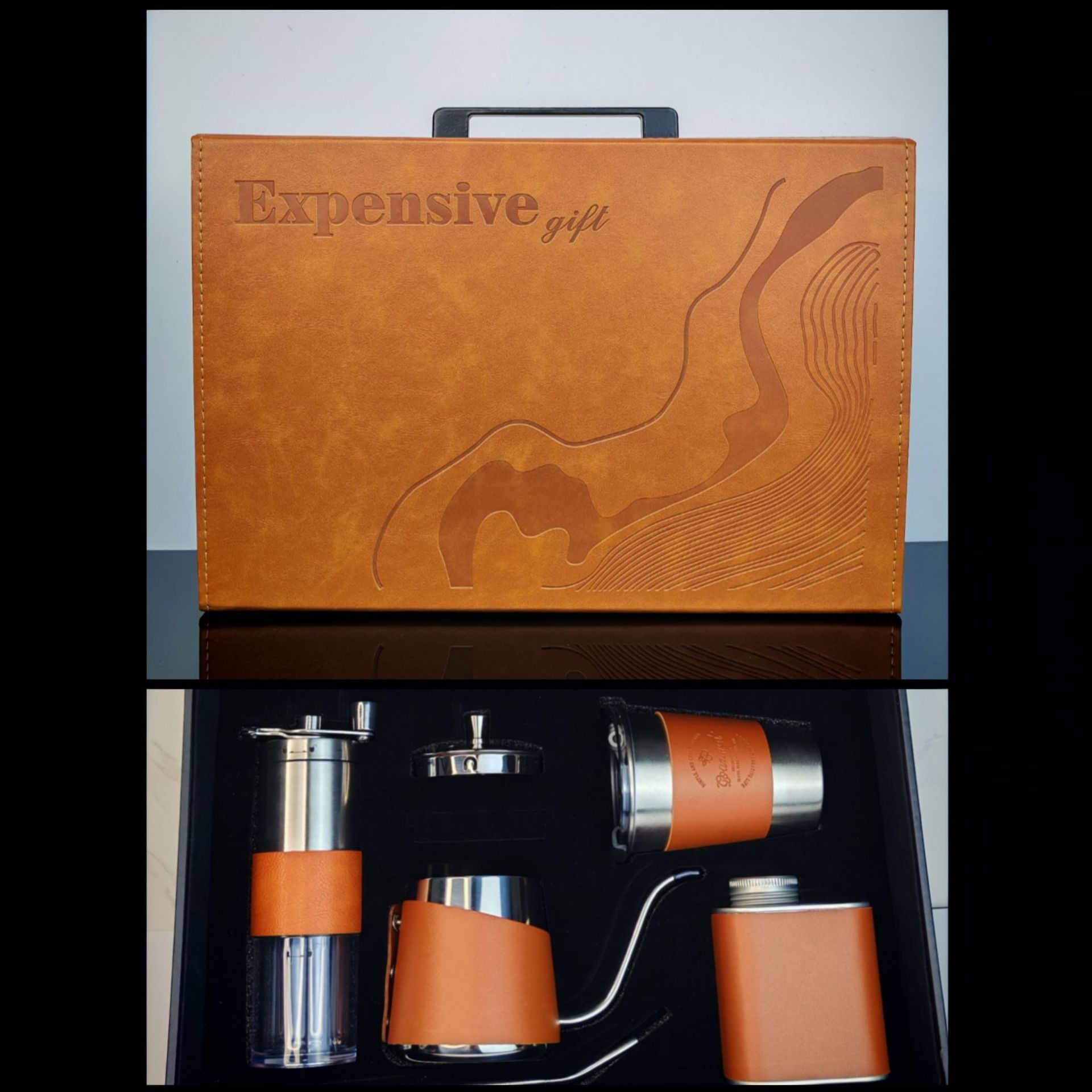 Set de cafetera de lavado de mano, cafetera de café de cuero de alta calidad, caja de regalo de negocios, molinera de frijoles de mano