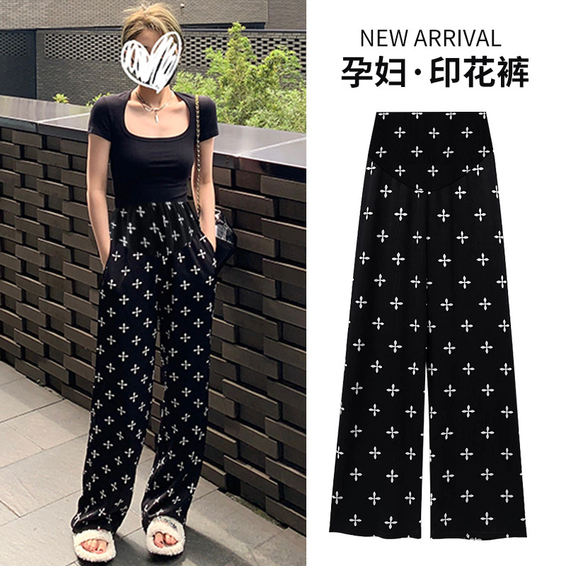 Maternity Wear 2024 Summer New Korean Fashion Ice Silk Printed Pregnant Women Belly Support Wide Leg Pants