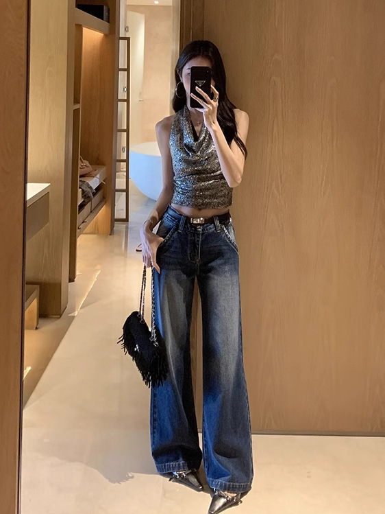 现货美式复古辣妹低腰牛仔裤做旧水洗显瘦长裤直筒拖地显腿长裤子|undefined