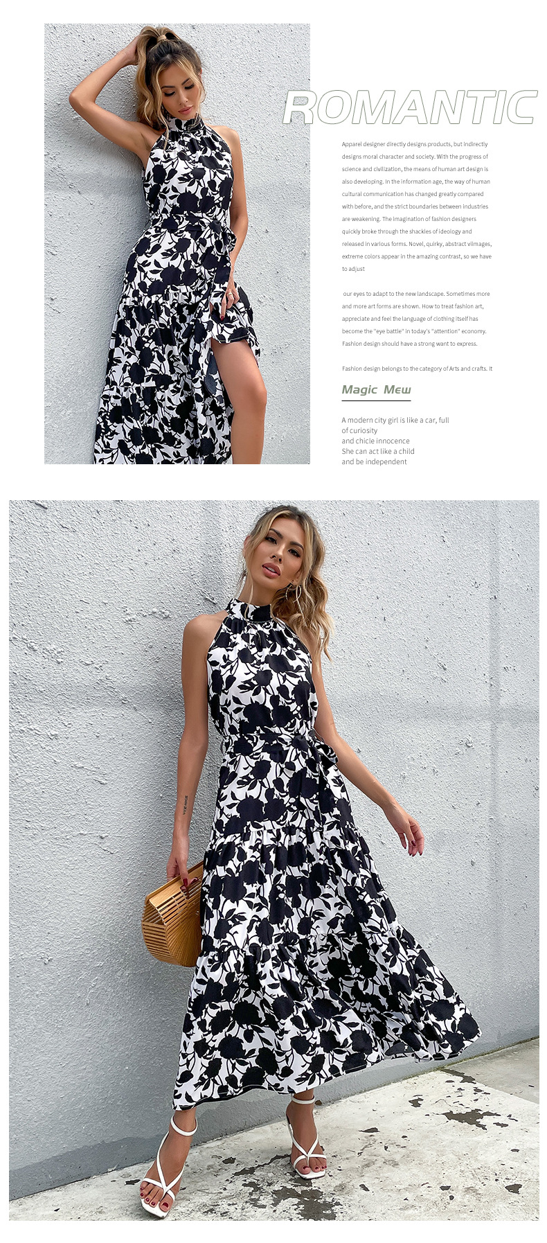 long halter neck lace-up sleeveless flower print dress NSDMB127429