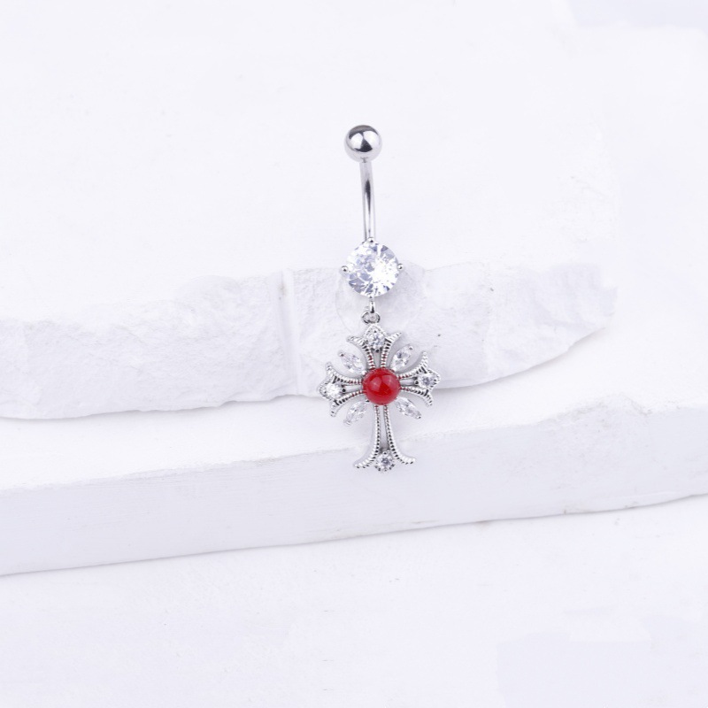 Diamond Crown Cross Belly Button Ring Gold Dangle Body Piercing Jewelry detail image 8