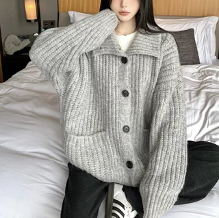 美拉德高领长袖毛衣开衫女秋冬2025新款单排扣宽松百搭外套上衣潮
