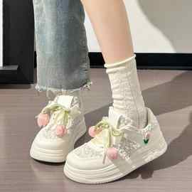 郁金香花朵设计厚底板鞋女夏季透气学生百搭运动小白鞋子成年