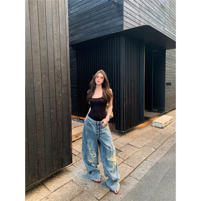 Real Shot of European and American Style U-Neck Low-Cut Camisole Jumpsuit for Women, American Retro High Street Ripped Loose Wide-Leg Jeans