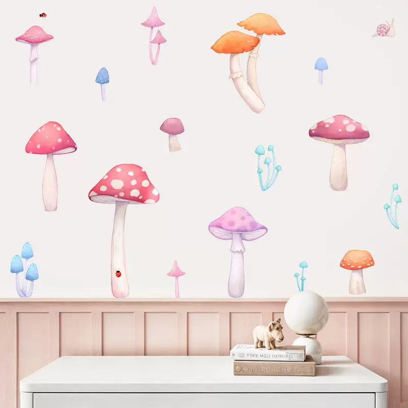 跨境ins风彩色红蘑菇儿童房墙壁自粘贴纸卡通卧室墙面装饰PVC墙贴