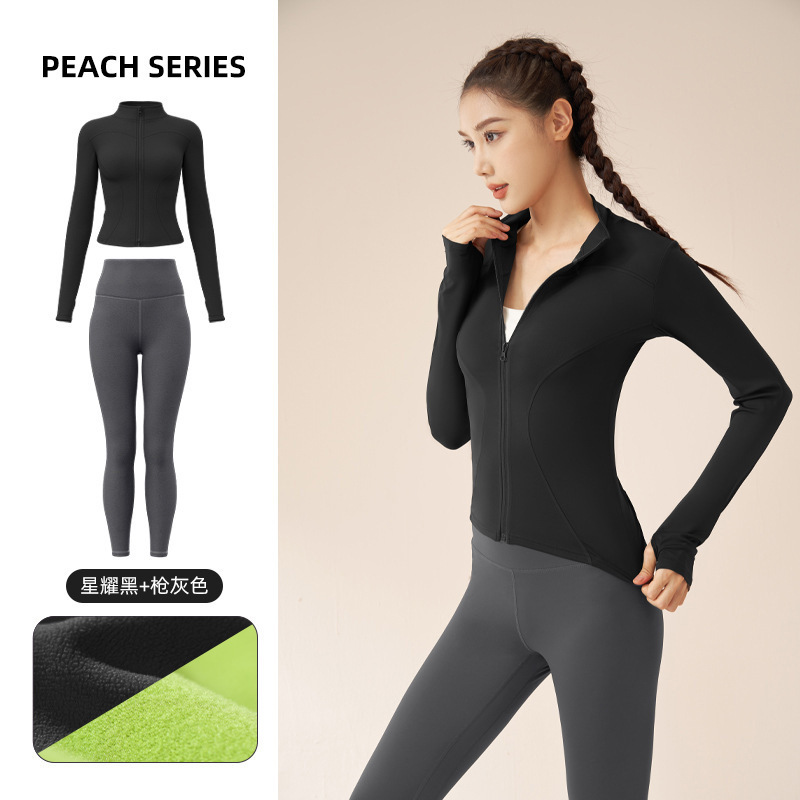 秋冬の厚いベルベットヨガ服セットの裸感が痩せている高弾防風保温フィットネススーツの女性|undefined