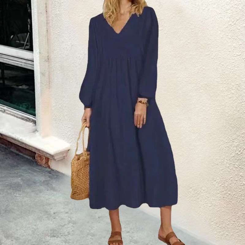 Women's Casual Cotton Linen Dress Loose Oversized Lantern Sleeves Vintage European American Daily Wear_ecoleips.com