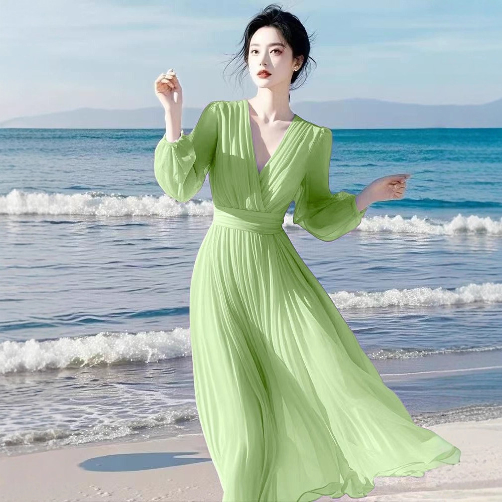 This Year's Popular Super Fairy Purple Dress Women's Long-Sleeved Elegant Draped Slimming Big Swing Sea Vacation Long Dress