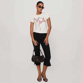 S32289跨境亚马逊欧美女装休闲蝴蝶结七分裤松紧腰气质开叉喇叭裤