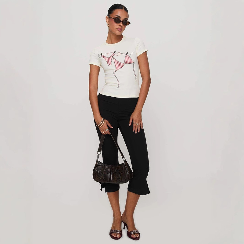 S32289 cross-border Amazon European and American women's casual bow cropped pants elastic waist temperament split flared pants