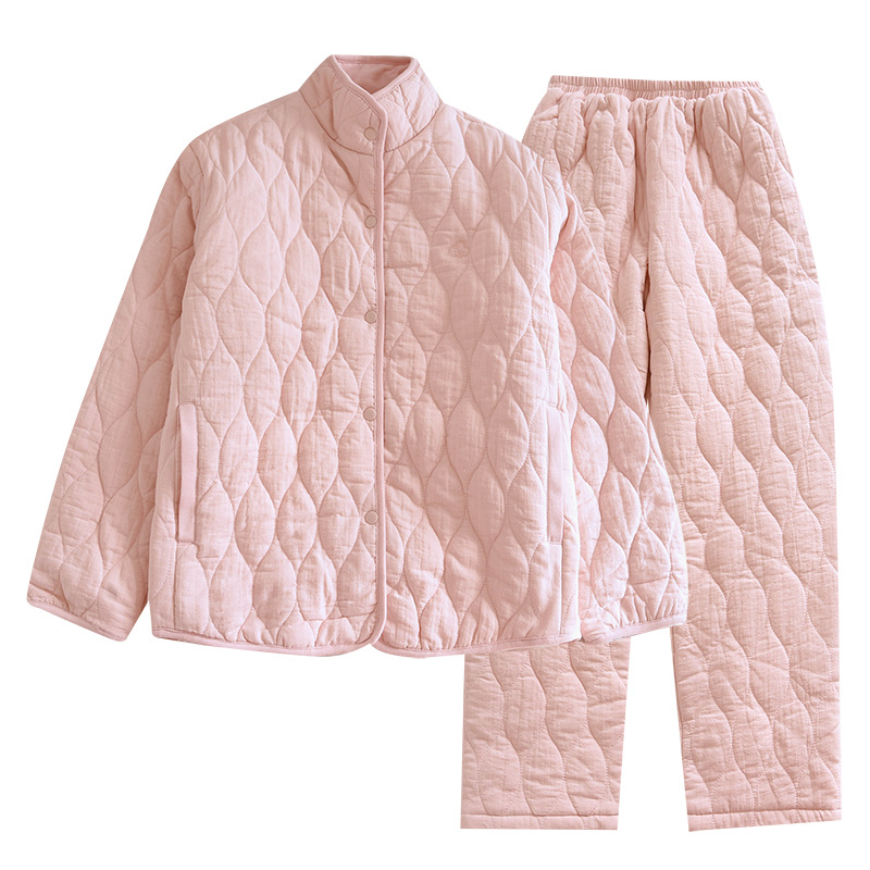 秋冬の新型の厚手の純綿カップルのパジャマの女性は綿の綿入れの服を挟んで冬の保温の簡単な家庭服のスーツの卸売りをします。