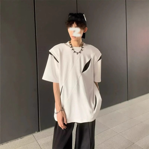 Designer Shoulder Collar T-Shirt for Men, Niche High-End, Fragmented Deconstruction, American Short Sleeve, Trendy Brand, Men's Model Fashion