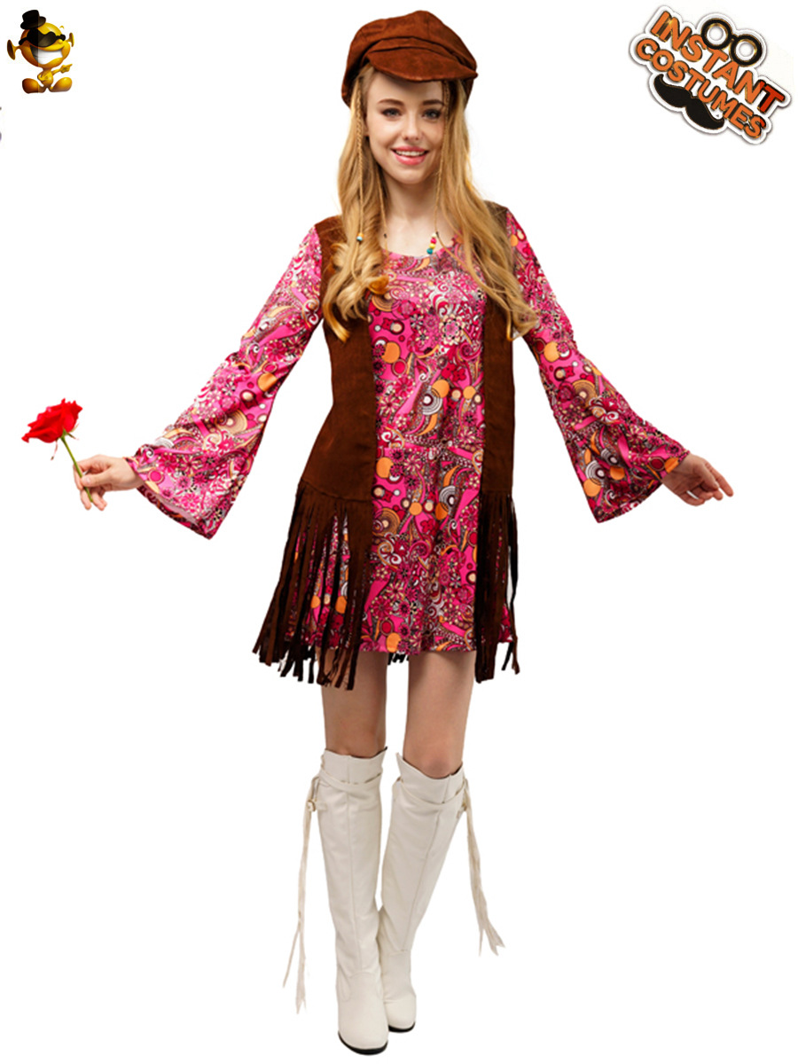 Las mujeres adultas 70s hippie borla etapa rendimiento traje chica grande carnaval hippie