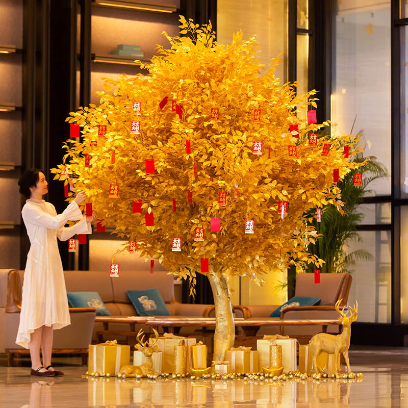 Artificial Golden Banyan Money Tree Wishing Tree Large Fake Tree Mall Hotel Decoration Fortune Tree New Year Red Envelope Money Tree