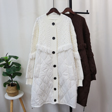 欧洲站长款拼接棉服针织开衫2024秋冬新款流苏宽松显瘦毛衣外套女