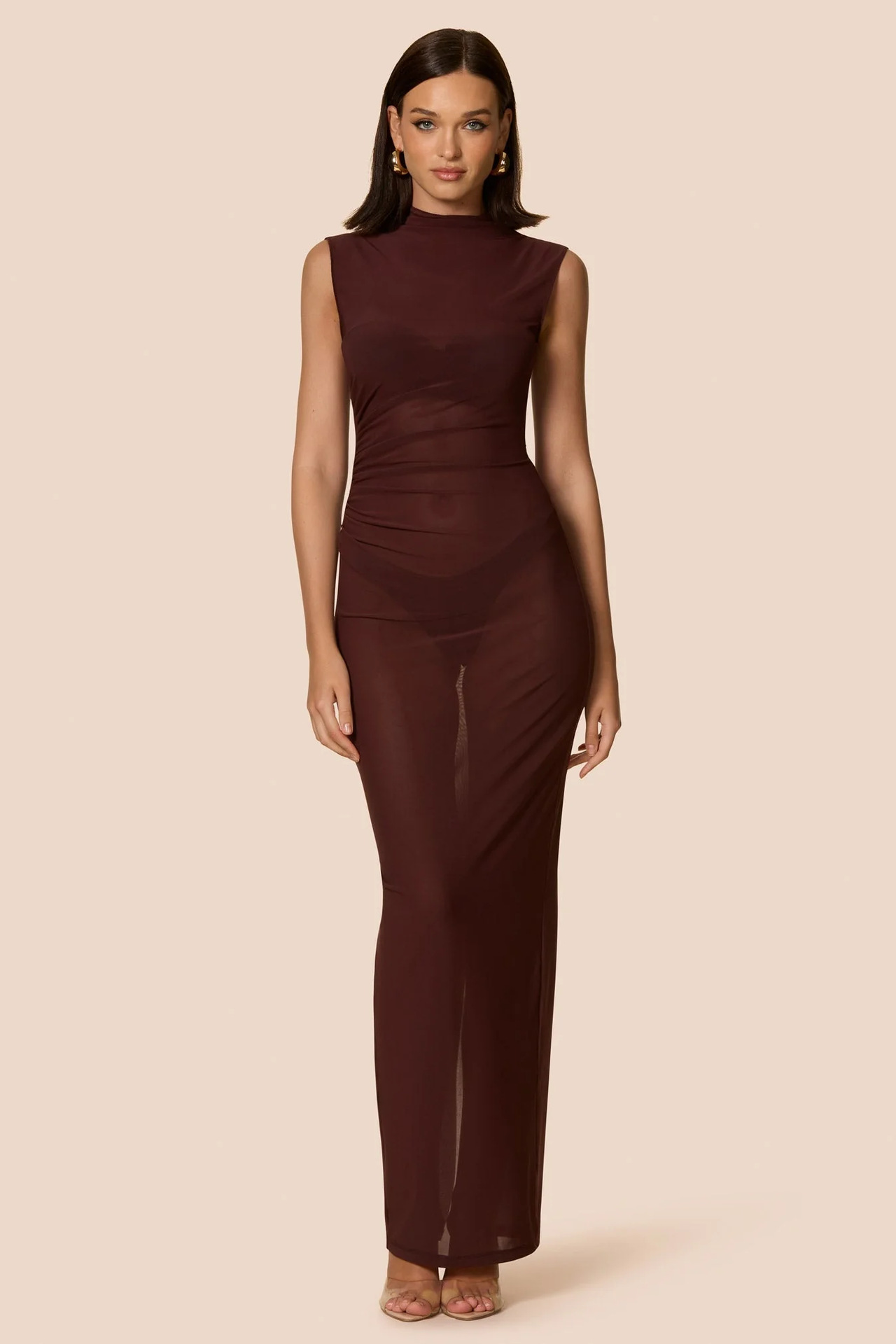 2025 European And American Style Summer New Sexy Women's, Slim-fit Sheer Stand-up Collar Sleeveless Back-slit Mesh_ecoleips.com
