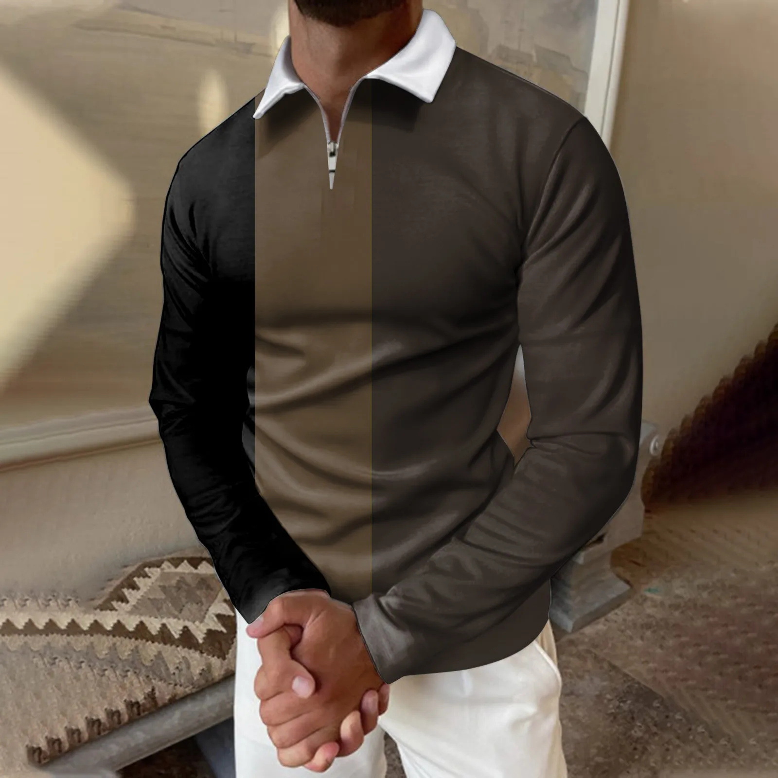 Camisa POLO de solapa de hombre básica simple con estampado digital, camisa delgada de manga larga con cremallera MB14